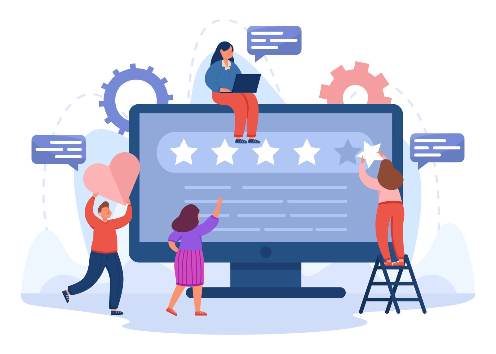 Team of analysts working on brand reputation in social media. Tiny male and female managers holding ranking star and heart flat vector illustration. Insight in analytics, seo management concept