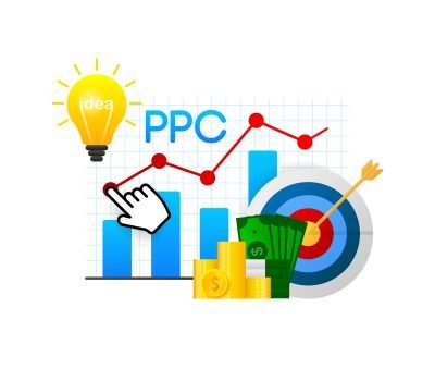 Cartoon illustration on blue backdrop. Abstract ppc for marketing advertising design. Isometric illustration.