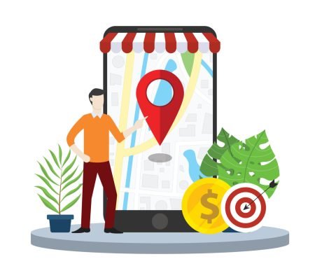 local seo market strategy business search engine optimization with business man stand in front of mobile smartphone with maps online - vector illustration